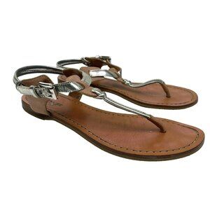 COACH Sandals Womens Size 6 Clarkson Beige Silver Leather Thong Shoes